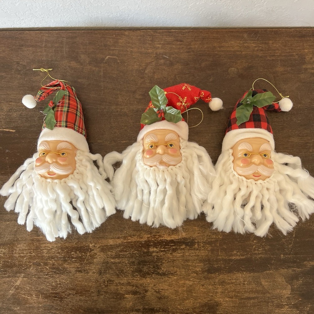 Vintage Santa Head Christmas Ornaments Lot Of 3 Hard Plastic Face Yarn Beard